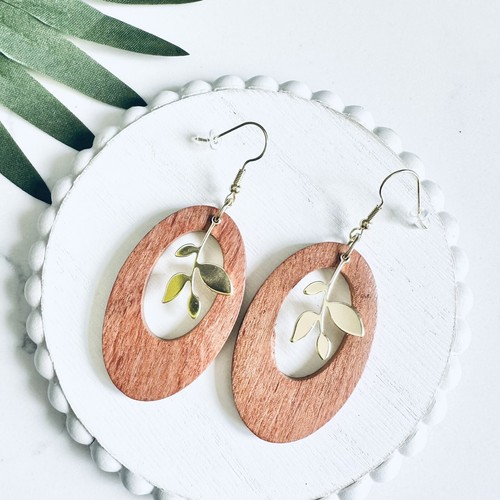 Wood oval gold leaf charm - oval,