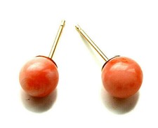 ART DECO 6mm 9ct Gold Natural Coral Ball Stud Earrings, UK MADE, BOXED
