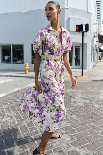 Zara purple floral belted midi - zara,