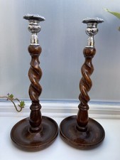 STUNNING ANTIQUE PAIR OAK BARLEY TWIST WOODEN CANDLESTICKS CHROME TOP 1920/30 ^