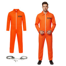 Adults Orange Prisoner Jumpsuit & Hand Cuffs Set - Inmate Fancy Dress Costume