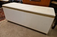 Mid Century, 1970's White Vinyl /Gold Accents Ottoman, Storage Chest, on Castors