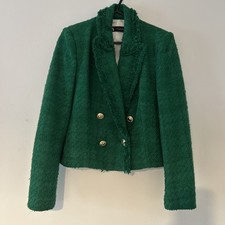 Zara Blazer Jacket Green Boucle Textured Double Breasted Size Medium 10 12