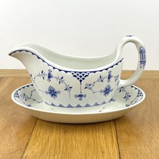 Vintage Furnivals Blue Denmark 1pt Sauce Gravy Boat & Saucer