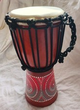 African Tribal Wooden Djembe Drum Hand Painted Design Medium Red Beautiful Sound