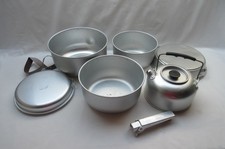 Vintage aluminium camping cookware pans saucepans handle & kettle