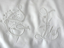 Antique 1900's LINEN French Trousseau Sham Sheet Top BIG MONOGRAM Lace 108X32