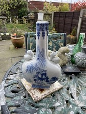 Antique Chinese Moon Flask Vase Blue And White Scene With Foo Dog Handles.