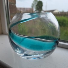 Large Vintage Handmade  Art Glass Fish Bowl Clear Aqua Swirl Heavy Glass Retired