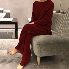 Women's Knitted Sweater Suit Co-ord Top Loose Pants Ladies Lounge Tracksuit Set
