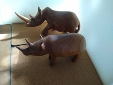 Pair Of Wooden Rhino Hand Carved Solid Wood 22 & 19 Cm Long