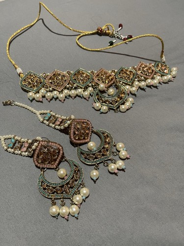 Pink blue kundan set - pink,