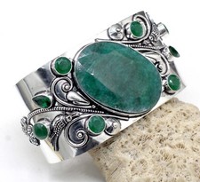 Green Ruby & Emerald Gemstone 925 Sterling Silver Cuff Bracelet ADJ-Bangle
