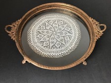 Antique French Gilt Glass Vanity Dresser Tray Lace Under Glass Ornate Gilded