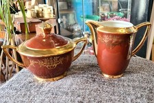RGK Czechoslovakia Lidded Sugar Bowl & Milk Jug/Creamer. Brown & gold. Vintage