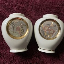 24K GOLD ETCHED HANDMADE set of 2 Art of Chokin Mini Vase ; Made in Japan