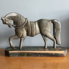 Antique Cast Iron Horse Door Stop On Wooden Plinth A/F