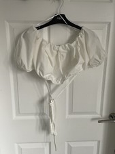 Ladies Cream Off White ZARA Short Sleeve Cropped tie waist Top - Size Small