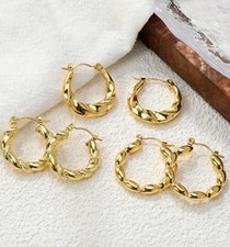 Womens 18kt Gold Plated Earrings, 3 pairs, C Shape, Butterfly And Twisted Hoops