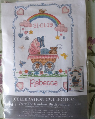 Birth sampler pink - blue, dmc