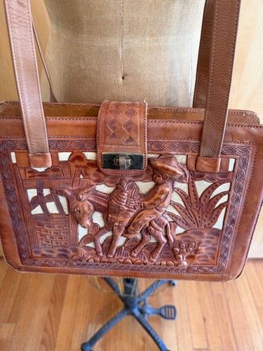 Vintage handbag tooled leather - handbag,