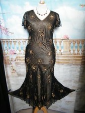 Evening Dress 14 Black Silk Beaded JACQUES VERT Vintage Flapper Downton 1920s