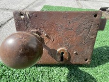 Large Antique Iron Door Rim Lock Old Victorian Brass Ring /Hole Bakelite Handles