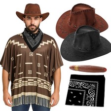Western Poncho Brown Stud Cowboy Hat Adults Costume Fancy Dress Eastwood Style