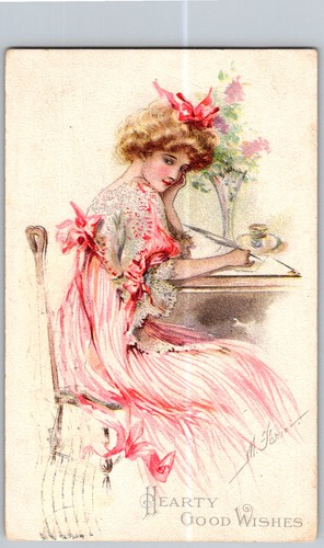 Antique postcard lady - postcard, writing