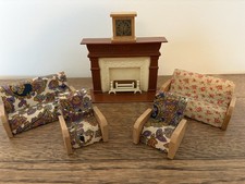 Vintage Dolls House Lounge Furniture, Doltoi Sofas, Chairs, Clock, Fireplace