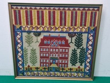 Framed 1984 Colonial House Sampler Needlepoint by Mollie Eileen Barr