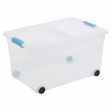 110L Extra Large Clear Plastic Storage Container Folding Lid Stackable 4 Wheeled