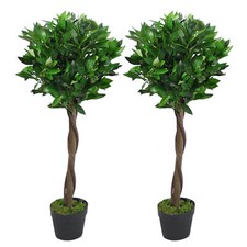 Pair of Artificial Bay Topiary Ball Trees PAIR 90cm Real Wood Trunk Realistic