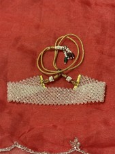 White Beaded Necklace with Beautiful Golden Zari Thread Work for Women