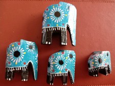 Hand Painted Miniature Brightly Coloured Wooden Elephant Family of Four 7-3cms