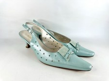 Vintage ESINO Kitten Heel Leather Shoes Pointed Toe Shimmery Blue ITALY UK 6
