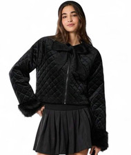 RRP-£39.99 Black Velvet Quilt Bow Faux Fur Coat Jacket M | Christmas Winter Gift