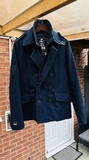 SUPERDRY MEN PEA COAT JACKET WOOL XL DARK BLUE