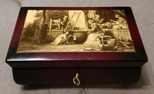 Jewelry Box And Music Box In Wood With Oriental Scene Print - Vintage