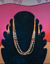 Ladies Gold Tone Multicoloured Bead Necklace and Dangle Earring Jewellery Set