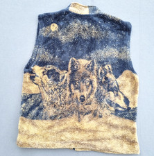 Wolves Pattern Fleece Gilet Men's Medium Blue Beige Full-Zip Pockets Wildlife