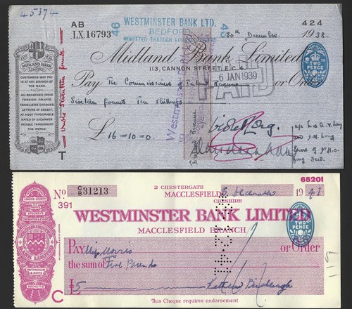 Vintage cheques 1938 1941 - 1938,