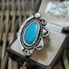 Native American Vintage 925 Sterling Silver Mens Ring,Turquoise, Size O US 7.25