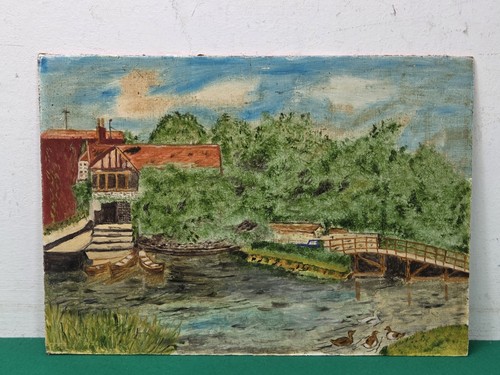Naive folk art riverscape oil - art,
