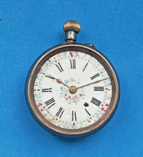 Antique Swiss Ladies Gunmetal Pocket Watch circa 1900 Decorated Enamel Dial