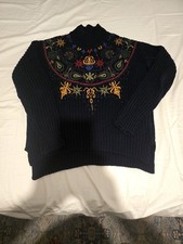 Zara Knit Authentic Forenza Embroidered Jeweled Beaded Sweater Size M Navy Blue