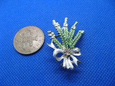 Lucky White Heather by Exquisite ~ Enamel & Pink Rhinestone Silver Tone Brooch