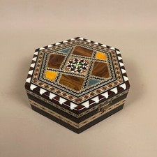 Vintage Small Wooden Marquetry Box Hexagon Trinket Jewellery Red Lining Mirror
