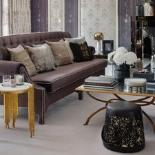 Luxe Hide Belted Pouf Black And Gold By Amara (H 38cm x L 38cm x W 38cm) Rare!