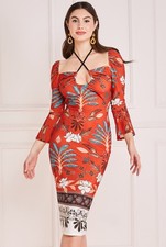 Printed Tie Back Midi Dress In